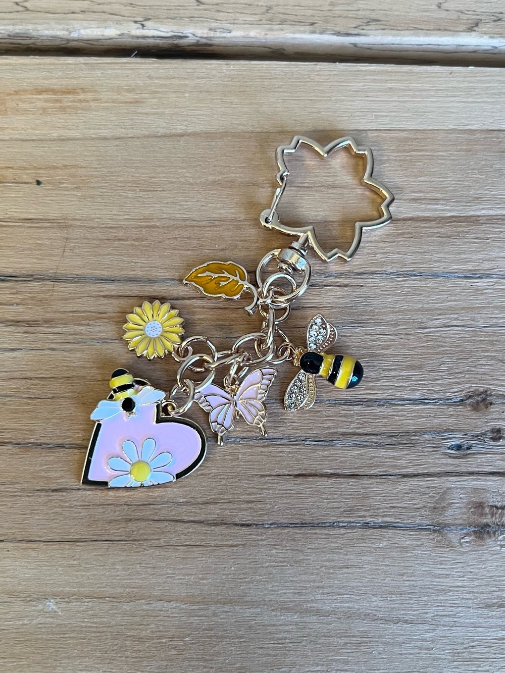 Pink floral bee bag charm